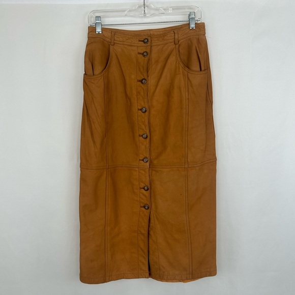 Vintage Together Tan Brown Genuine Leather Pencil Skirt - Picture 6 of 8